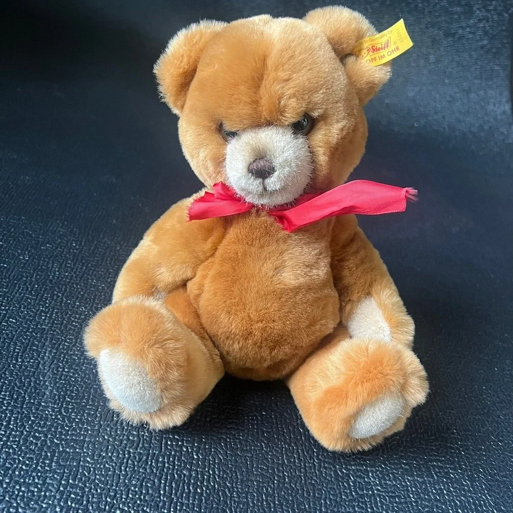 Steiff Petsy Teddy Bear 012051 Golden Brown Plush Red Ribbon Made in Germany 11